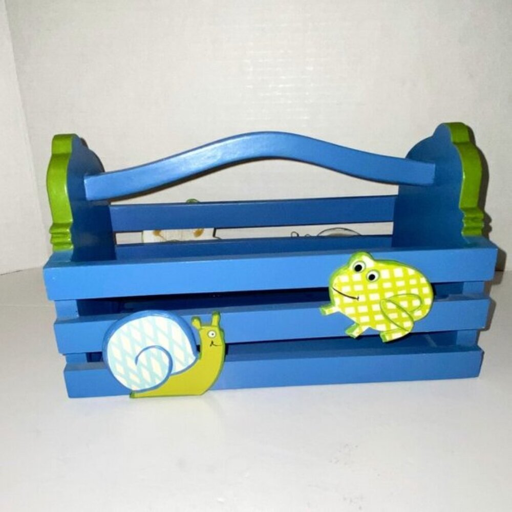 Wooden Basket with Handle Blue and Green Frog and Snail Garden Planters